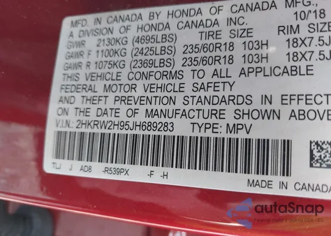 2018 Honda Cr-V Touring from USA, damaged, VIN 2HKRW2H95JH689283